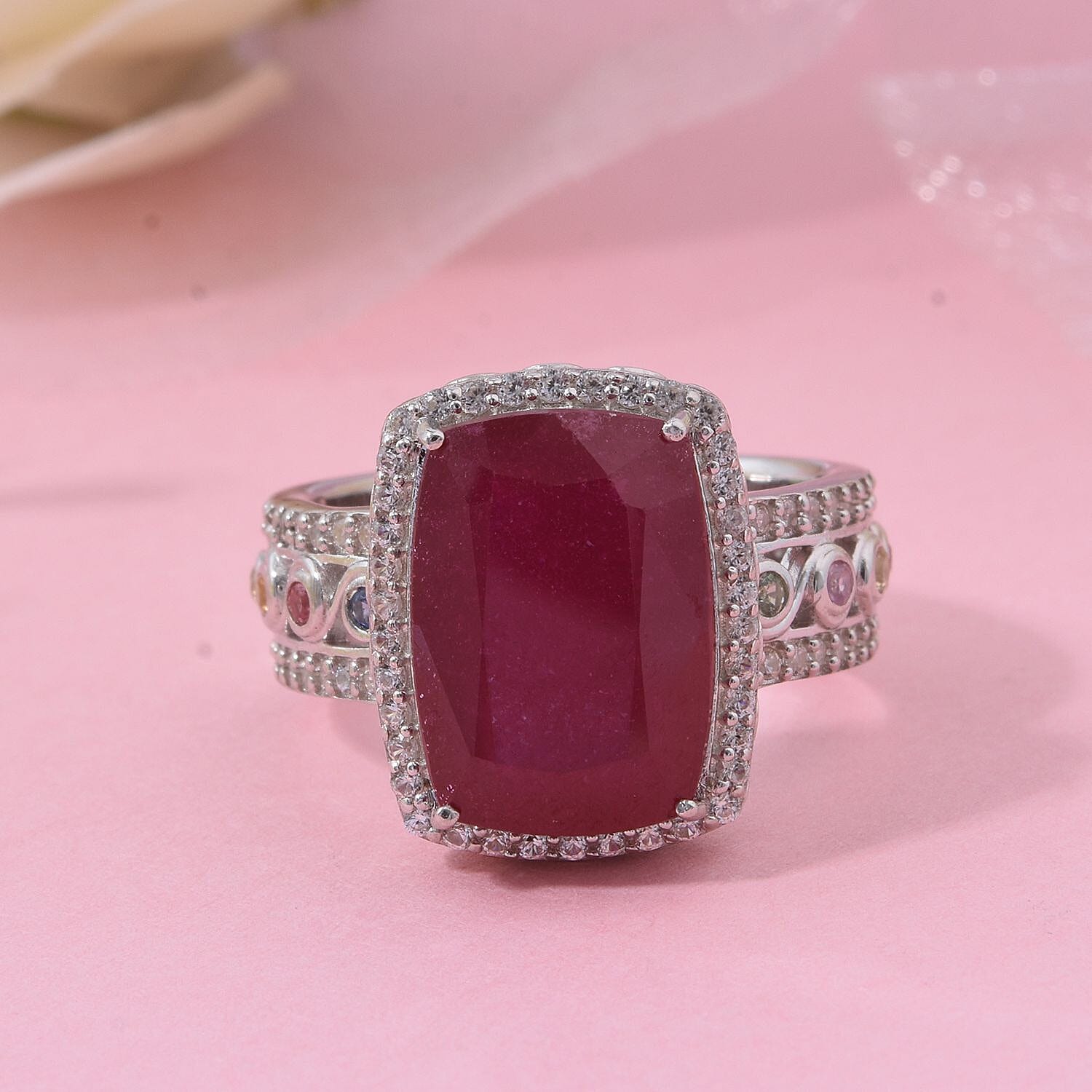 Niassa Ruby (FF) and Multi Gemstone 12.25 ctw Ring in Rhodium Over Sterling Silver (Size 9.0)