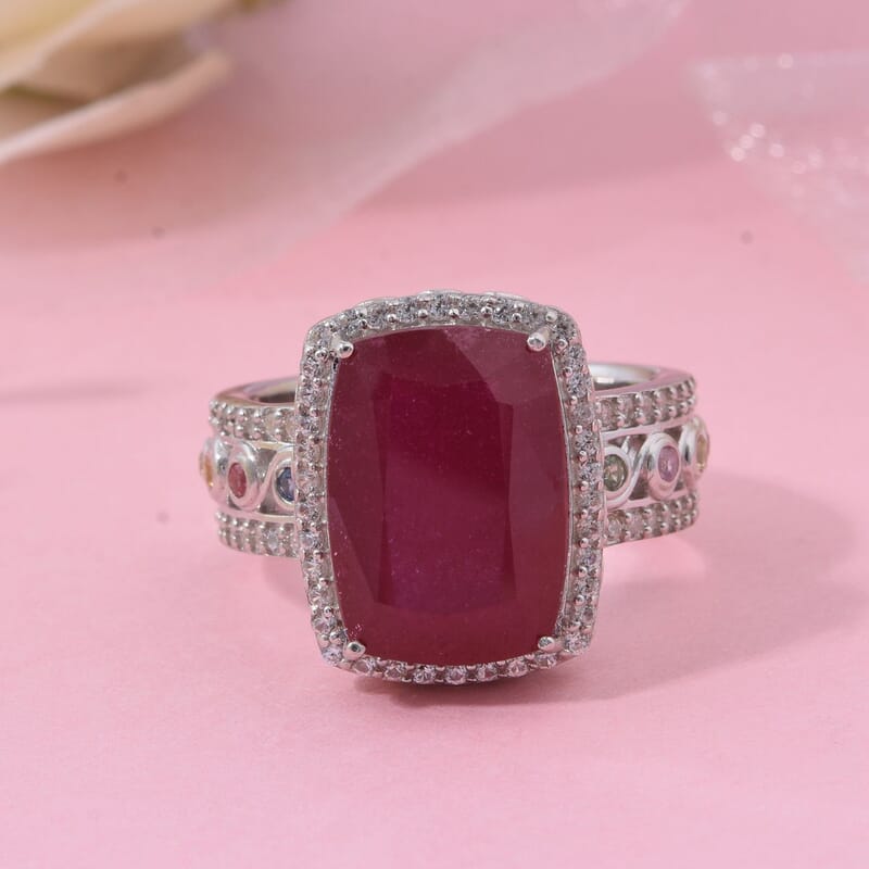 Niassa Ruby (FF) and Multi Gemstone 12.25 ctw Ring in Rhodium Over Sterling Silver (Size 9.0)