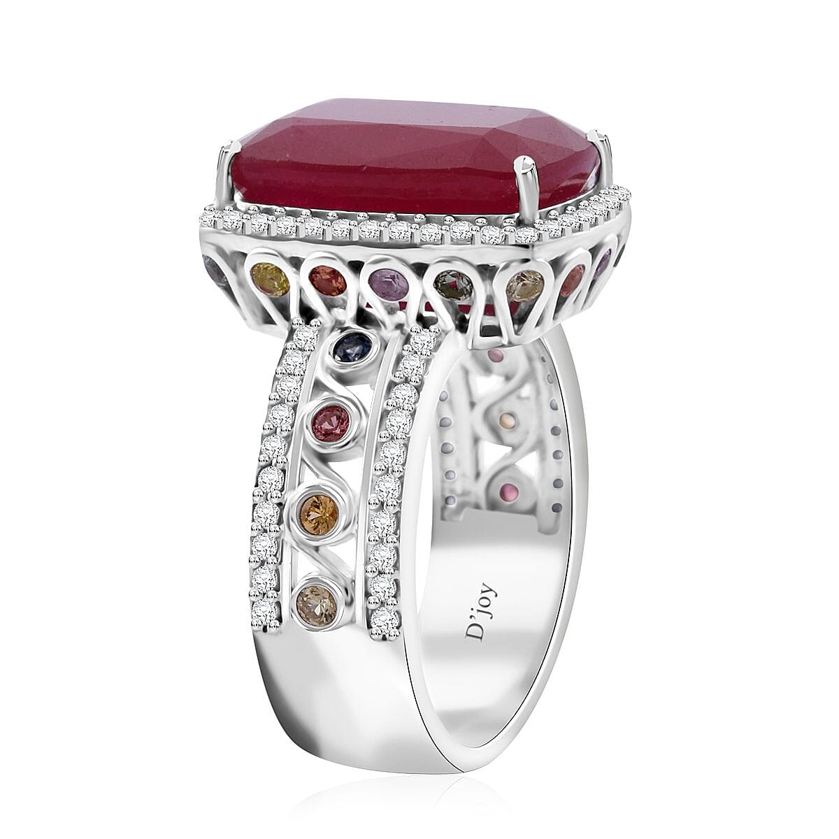 Niassa Ruby (FF) and Multi Gemstone 12.25 ctw Ring in Rhodium Over Sterling Silver (Size 9.0)
