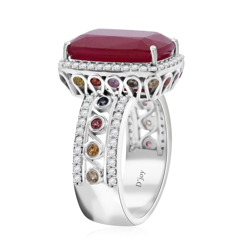 Niassa Ruby (FF) and Multi Gemstone 12.25 ctw Ring in Rhodium Over Sterling Silver (Size 9.0)