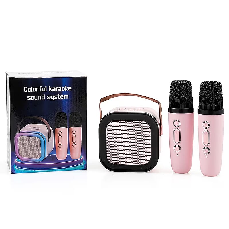3pcs Bluetooth Karaoke Speaker with Colorful LED lights and 2pc Wireless Microphone - Pink
