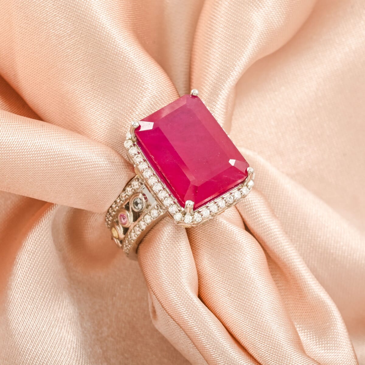 Niassa Ruby (FF) and Multi Gemstone 12.10 ctw Ring in Rhodium Over Sterling Silver (Size 10.0) image number 1