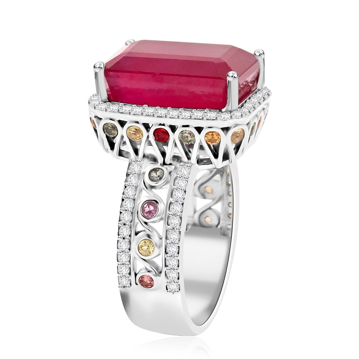 Niassa Ruby (FF) and Multi Gemstone 12.10 ctw Ring in Rhodium Over Sterling Silver (Size 10.0) image number 3