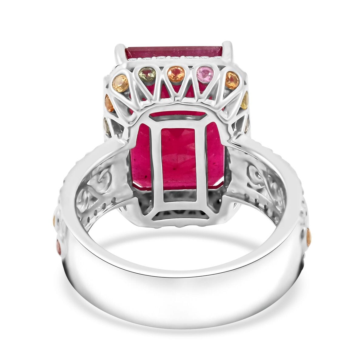 Niassa Ruby (FF) and Multi Gemstone 12.10 ctw Ring in Rhodium Over Sterling Silver (Size 10.0) image number 4