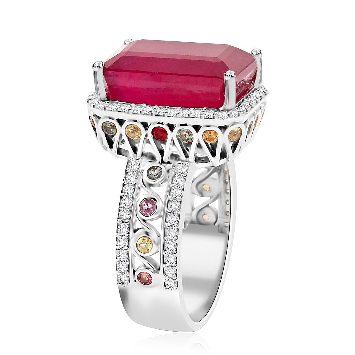 Niassa Ruby (FF) and Multi Gemstone 12.10 ctw Ring in Rhodium Over Sterling Silver (Size 8.0) image number 3