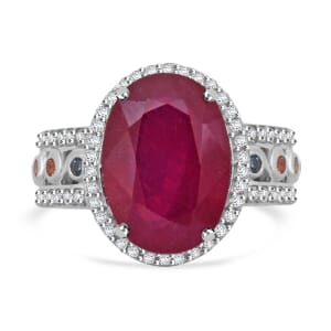 Niassa Ruby (FF) and Multi Gemstone 9.75 ctw Ring in Rhodium Over Sterling Silver (Size 10.0)