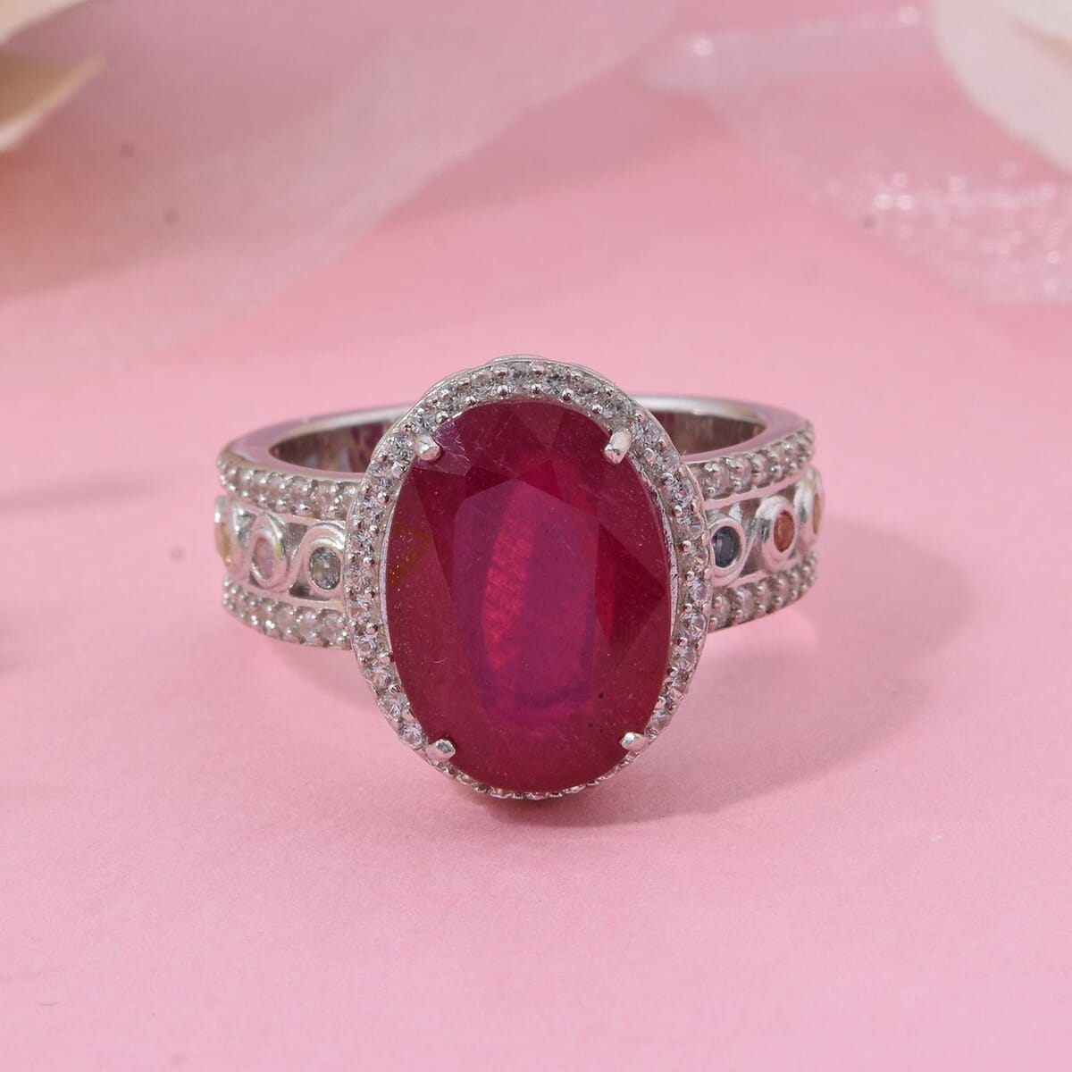 Niassa Ruby (FF) and Multi Gemstone 9.75 ctw Ring in Rhodium Over Sterling Silver (Size 9.0) image number 1
