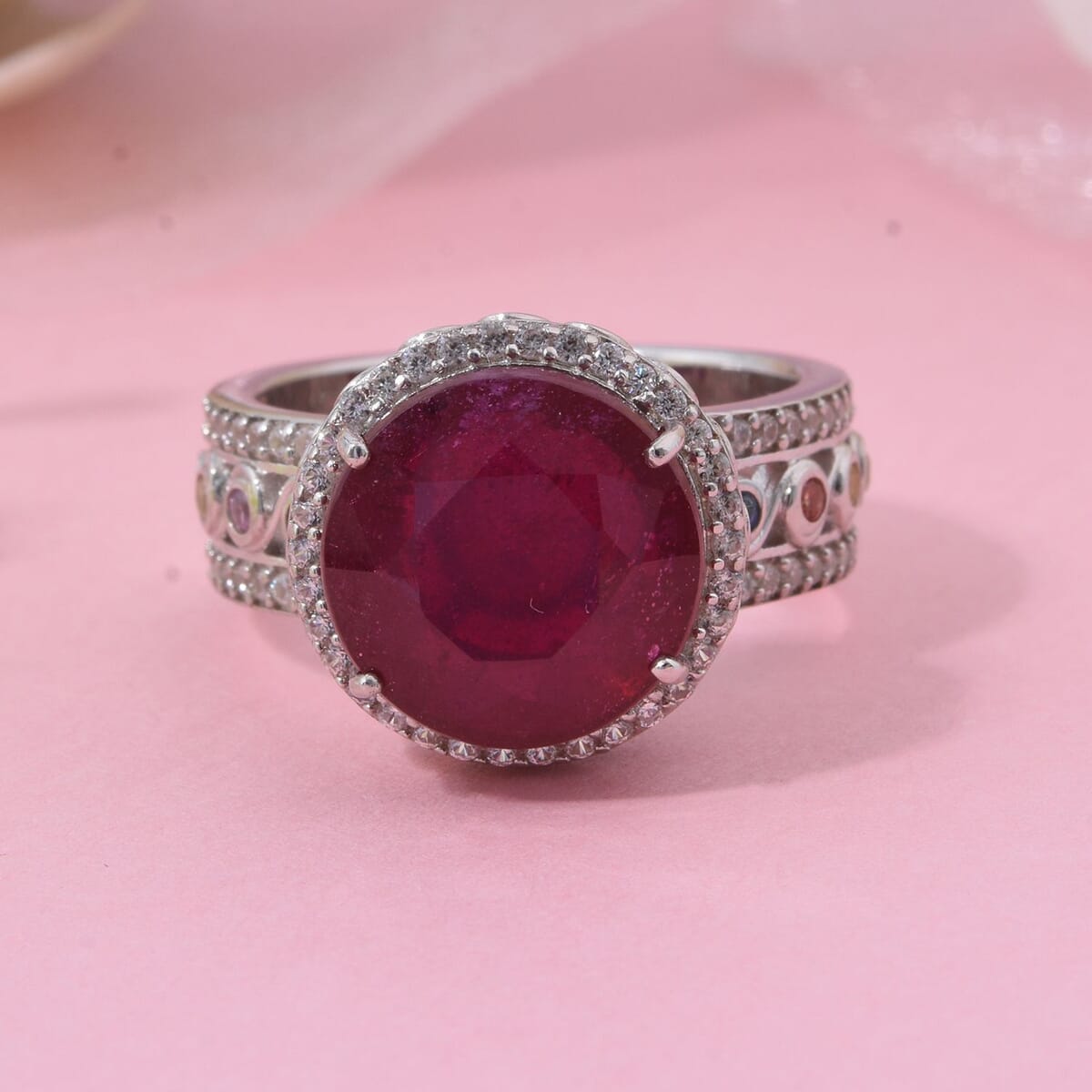 Niassa Ruby (FF) and Multi Gemstone 11.25 ctw Ring in Rhodium Over Sterling Silver (Size 8.0) image number 1