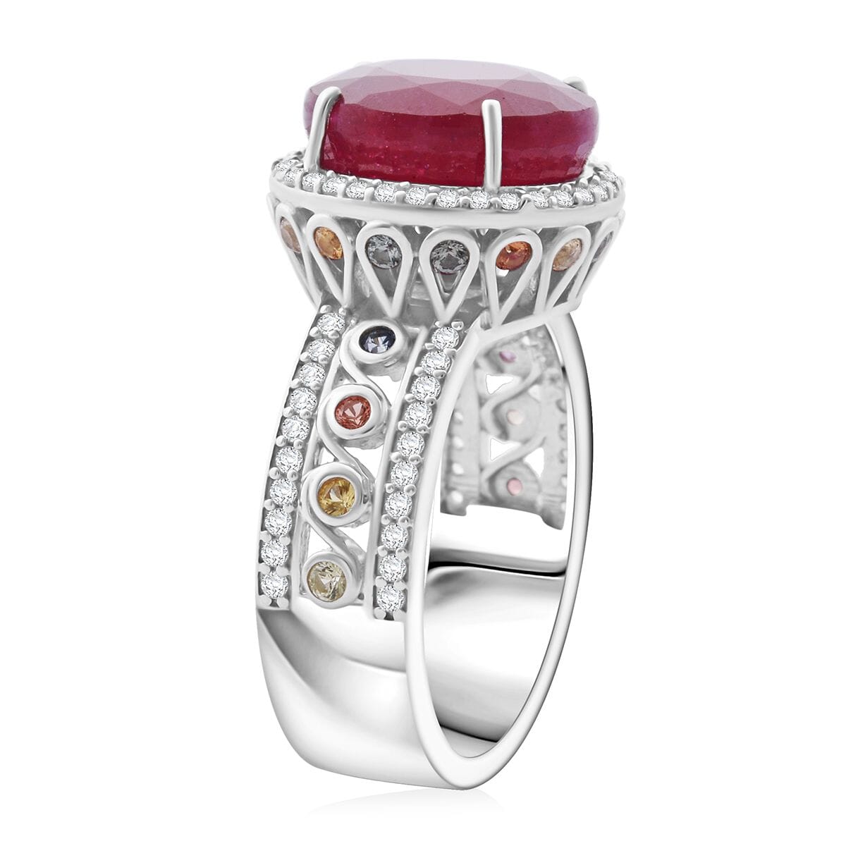 Niassa Ruby (FF) and Multi Gemstone 11.25 ctw Ring in Rhodium Over Sterling Silver (Size 8.0) image number 3