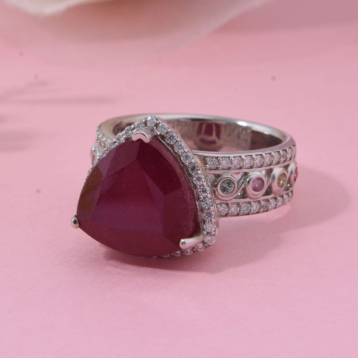Niassa Ruby (FF) and Multi Gemstone 9.20 ctw Ring in Rhodium Over Sterling Silver (Size 8.0) image number 1