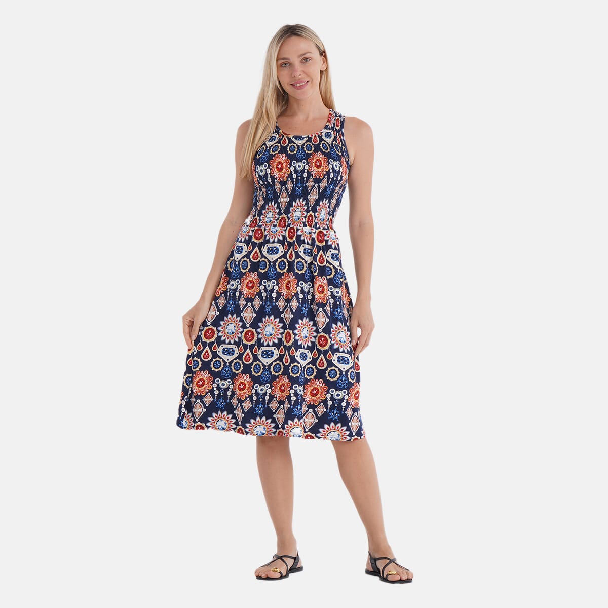 Tamsy Gemstone Smocked Sleeveless Double Knit Dress with Waist Tie - One Size Fits Most image number 0