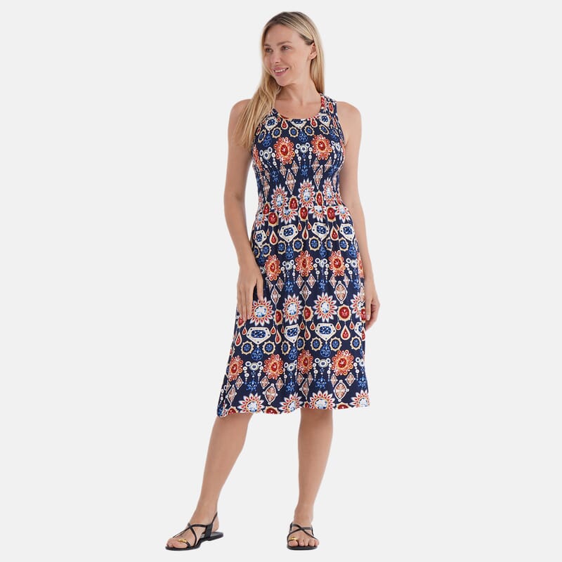 Tamsy Gemstone Smocked Sleeveless Double Knit Dress with Waist Tie - One Size Fits Most
