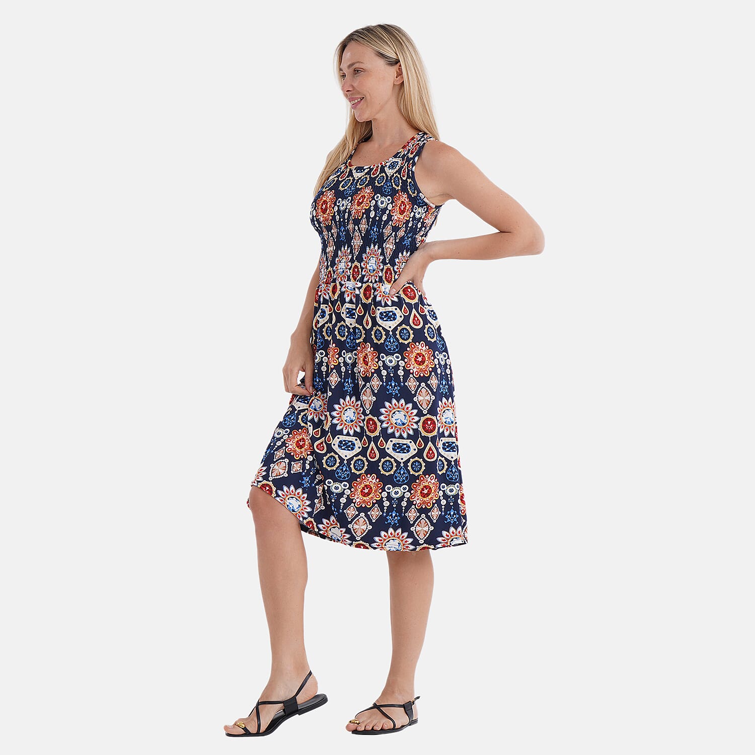 Tamsy Gemstone Smocked Sleeveless Double Knit Dress with Waist Tie - One Size Fits Most