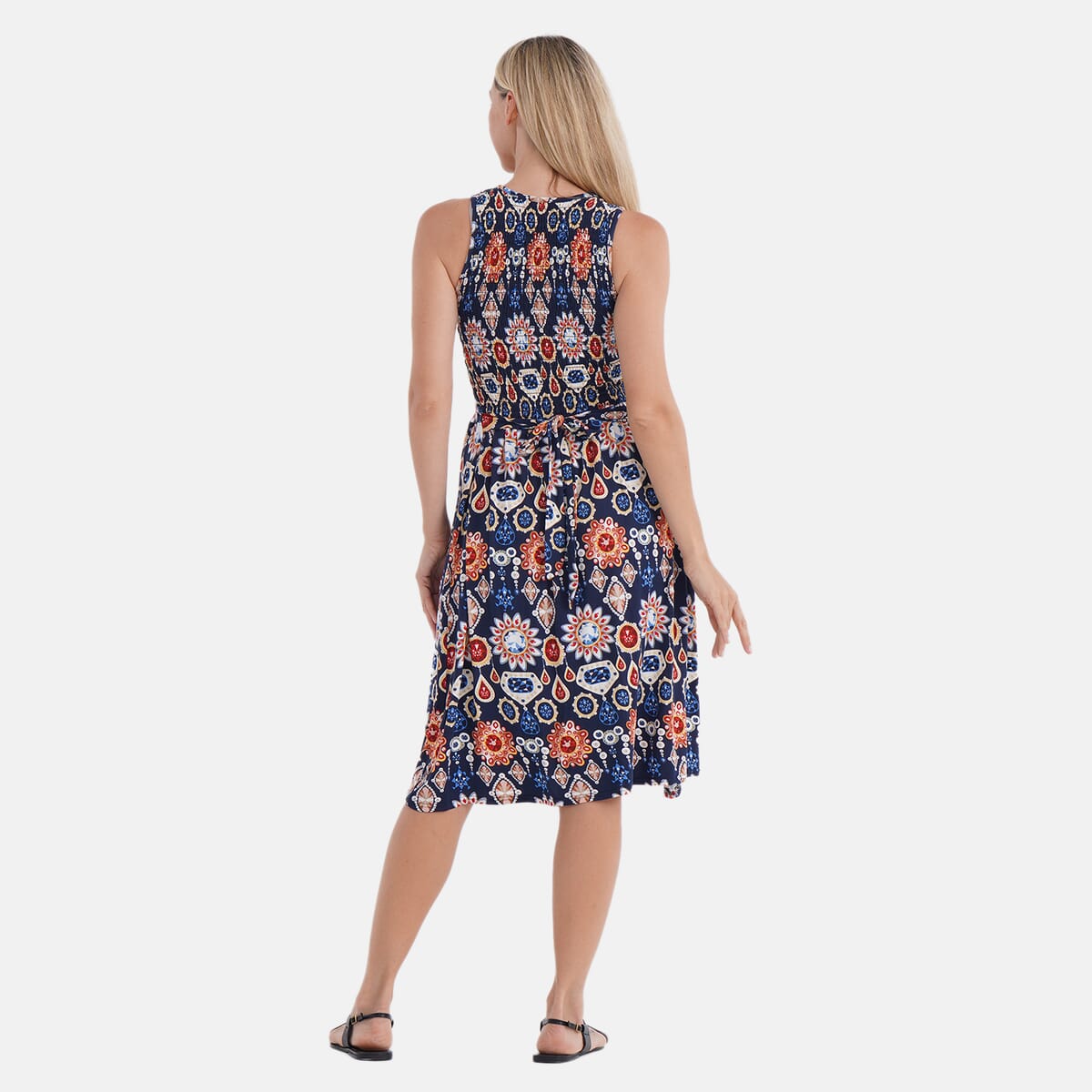 Tamsy Gemstone Smocked Sleeveless Double Knit Dress with Waist Tie - One Size Fits Most image number 3