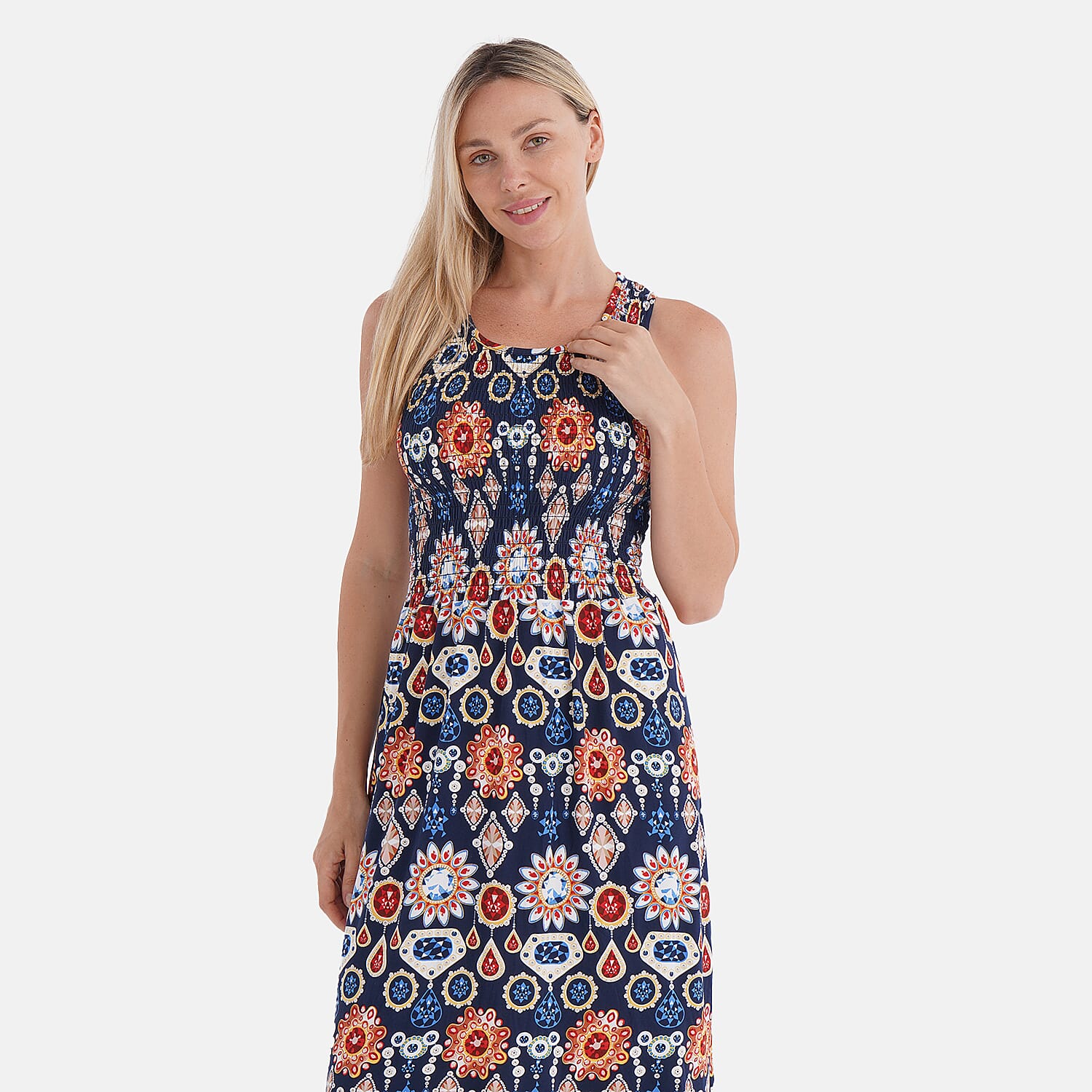 Tamsy Gemstone Smocked Sleeveless Double Knit Dress with Waist Tie - One Size Fits Most