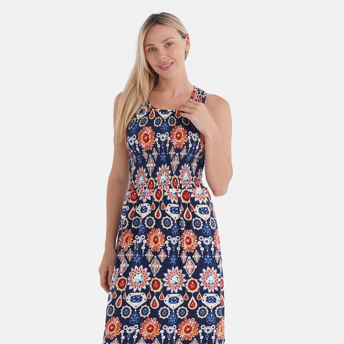 Tamsy Gemstone Smocked Sleeveless Double Knit Dress with Waist Tie - One Size Fits Most image number 4