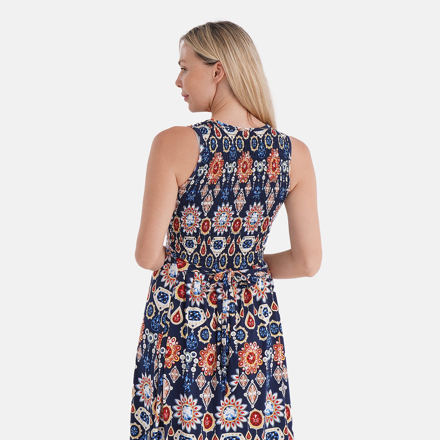 Tamsy Gemstone Smocked Sleeveless Double Knit Dress with Waist Tie - One Size Fits Most