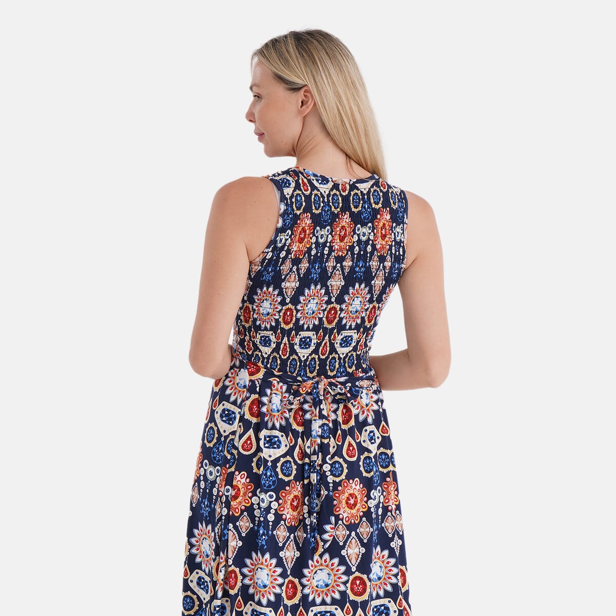 Tamsy Gemstone Smocked Sleeveless Double Knit Dress with Waist Tie - One Size Fits Most image number 5