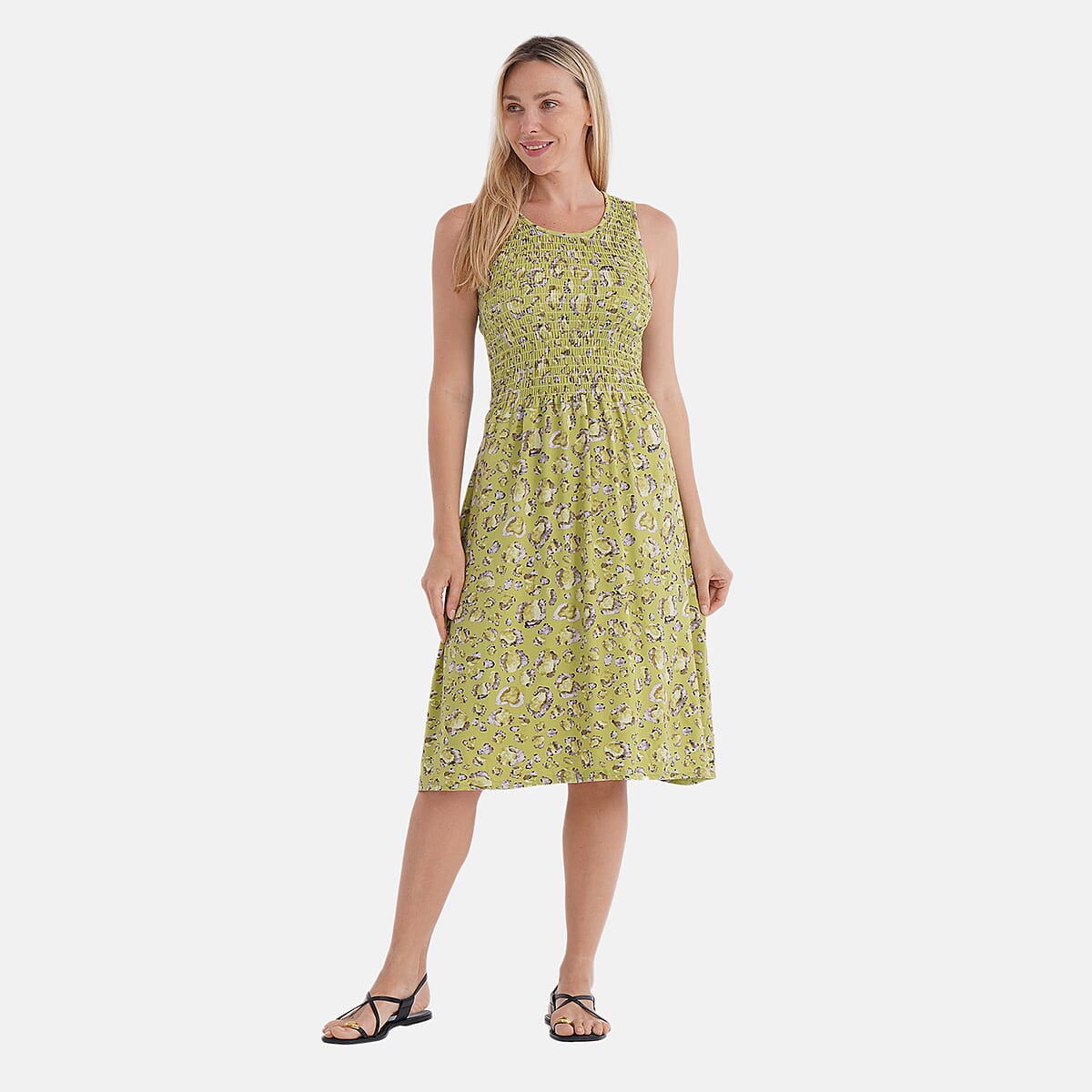  Tamsy Leopard Smocked Sleeveless Double Knit Dress with Waist Tie - One Size Fits Most image number 1
