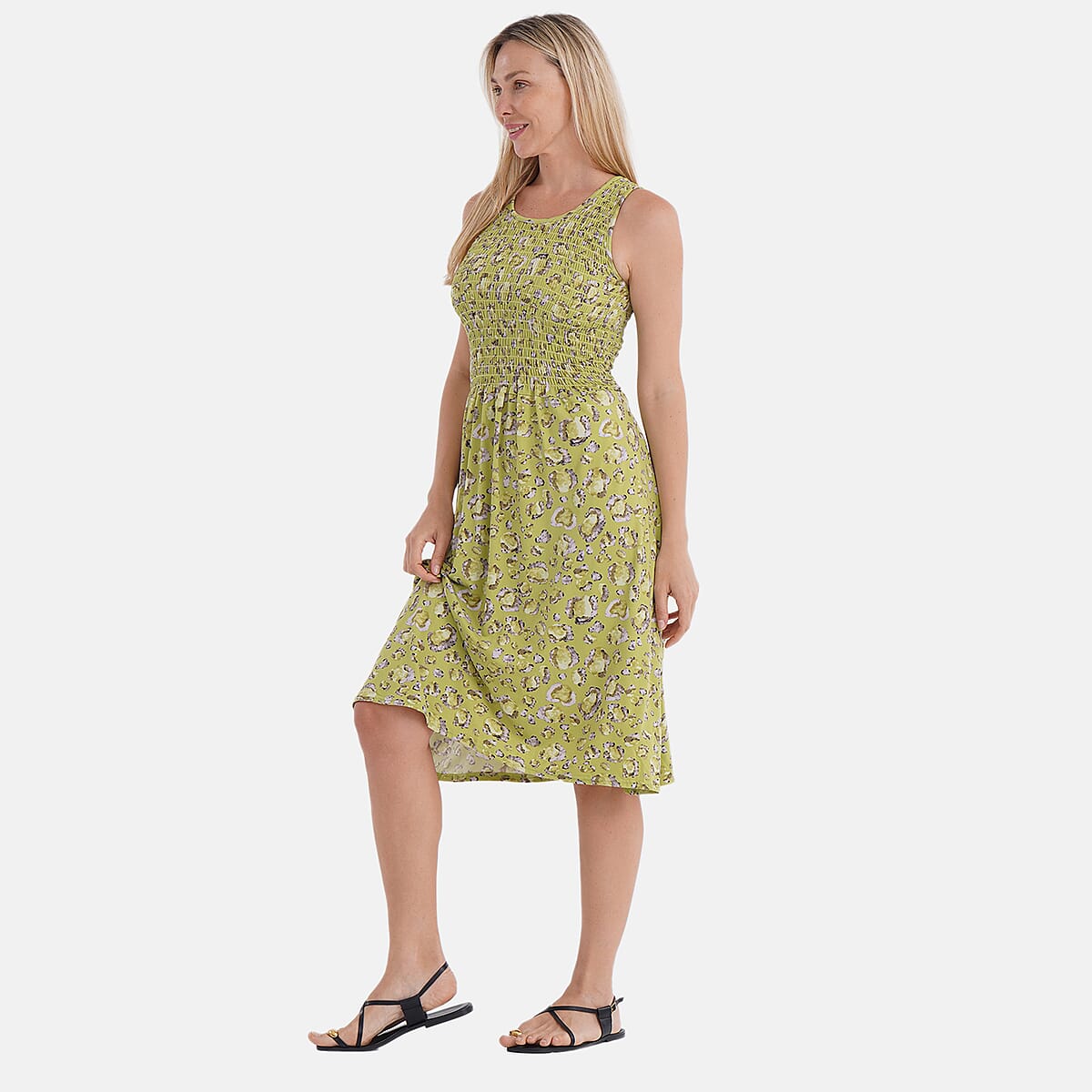  Tamsy Leopard Smocked Sleeveless Double Knit Dress with Waist Tie - One Size Fits Most image number 2