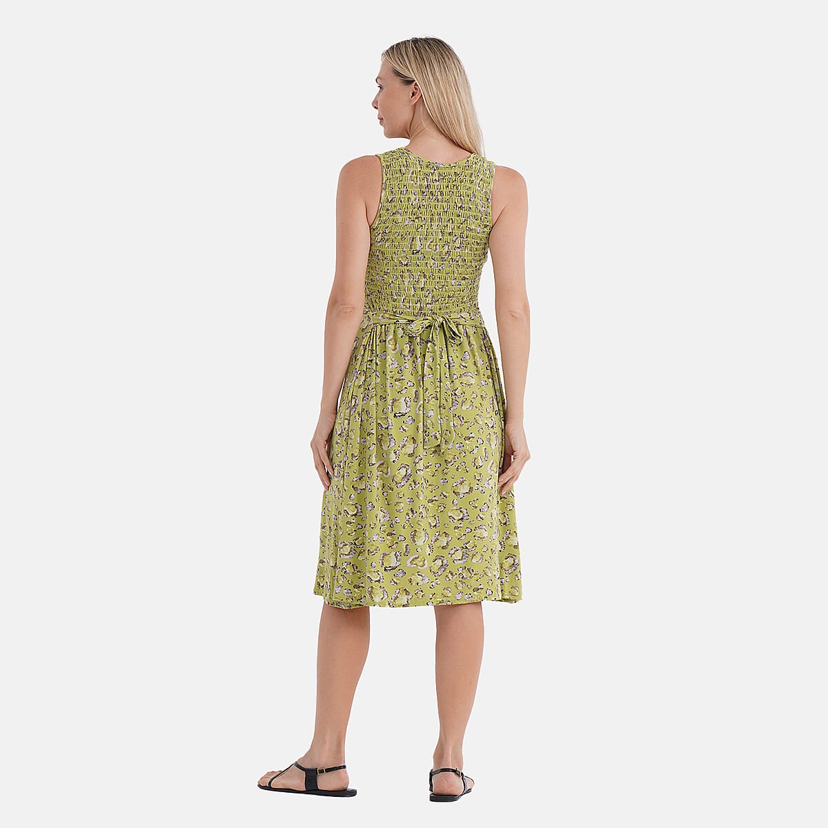  Tamsy Leopard Smocked Sleeveless Double Knit Dress with Waist Tie - One Size Fits Most image number 3