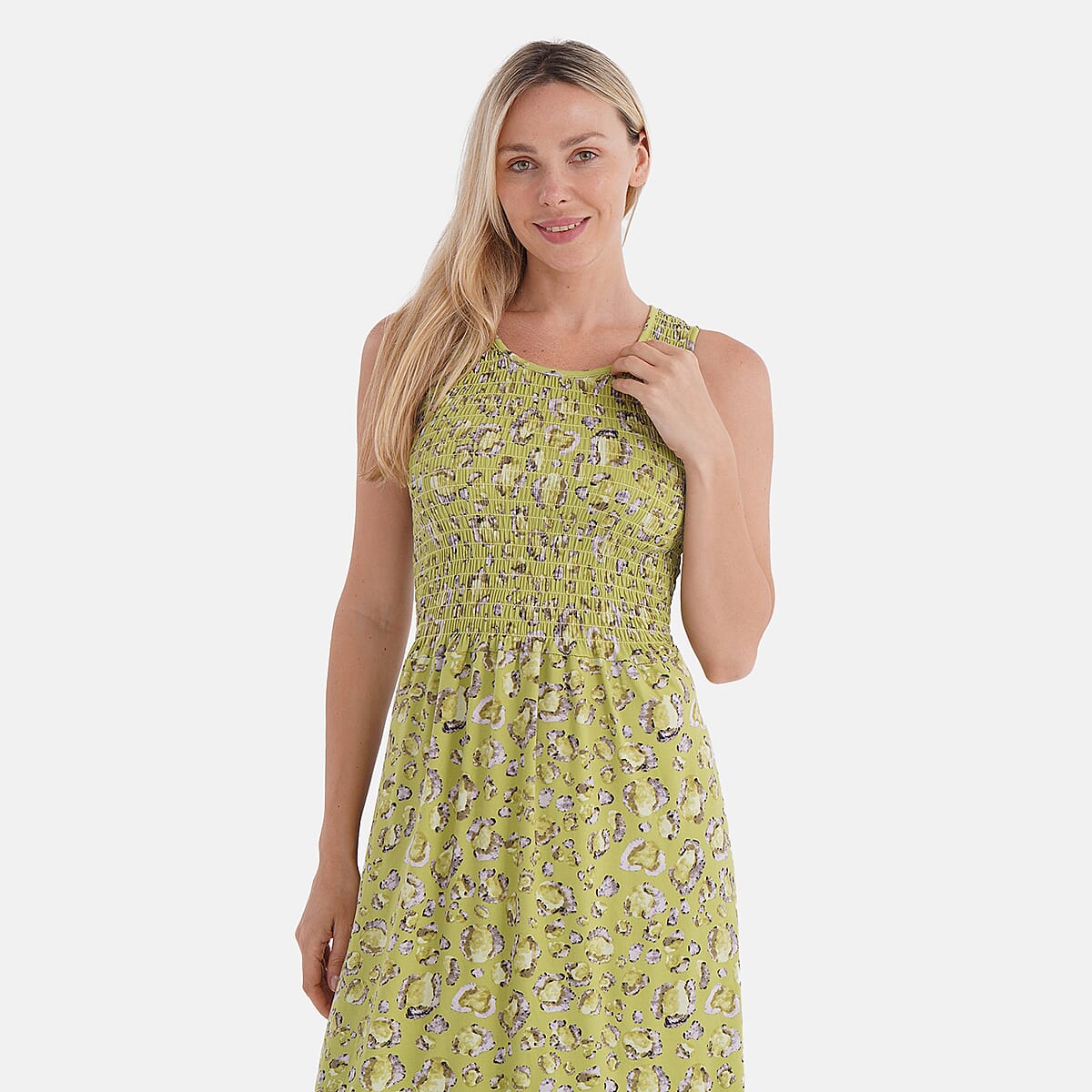  Tamsy Leopard Smocked Sleeveless Double Knit Dress with Waist Tie - One Size Fits Most image number 4