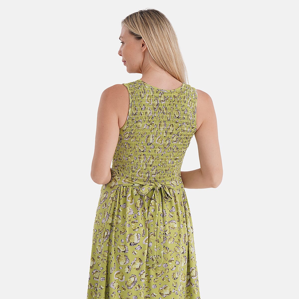  Tamsy Leopard Smocked Sleeveless Double Knit Dress with Waist Tie - One Size Fits Most image number 5