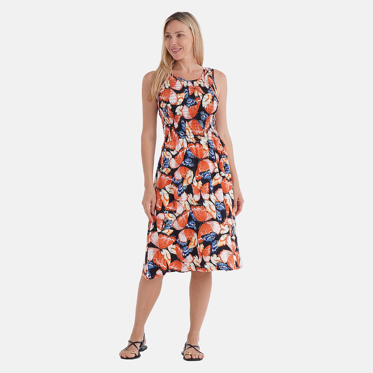 Tamsy Butterfly Smocked Sleeveless Double Knit Dress with Waist Tie - One Size Fits Most image number 1