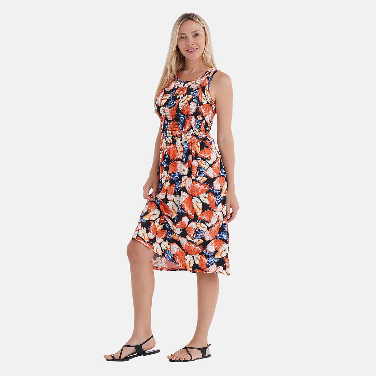Tamsy Butterfly Smocked Sleeveless Double Knit Dress with Waist Tie - One Size Fits Most image number 2