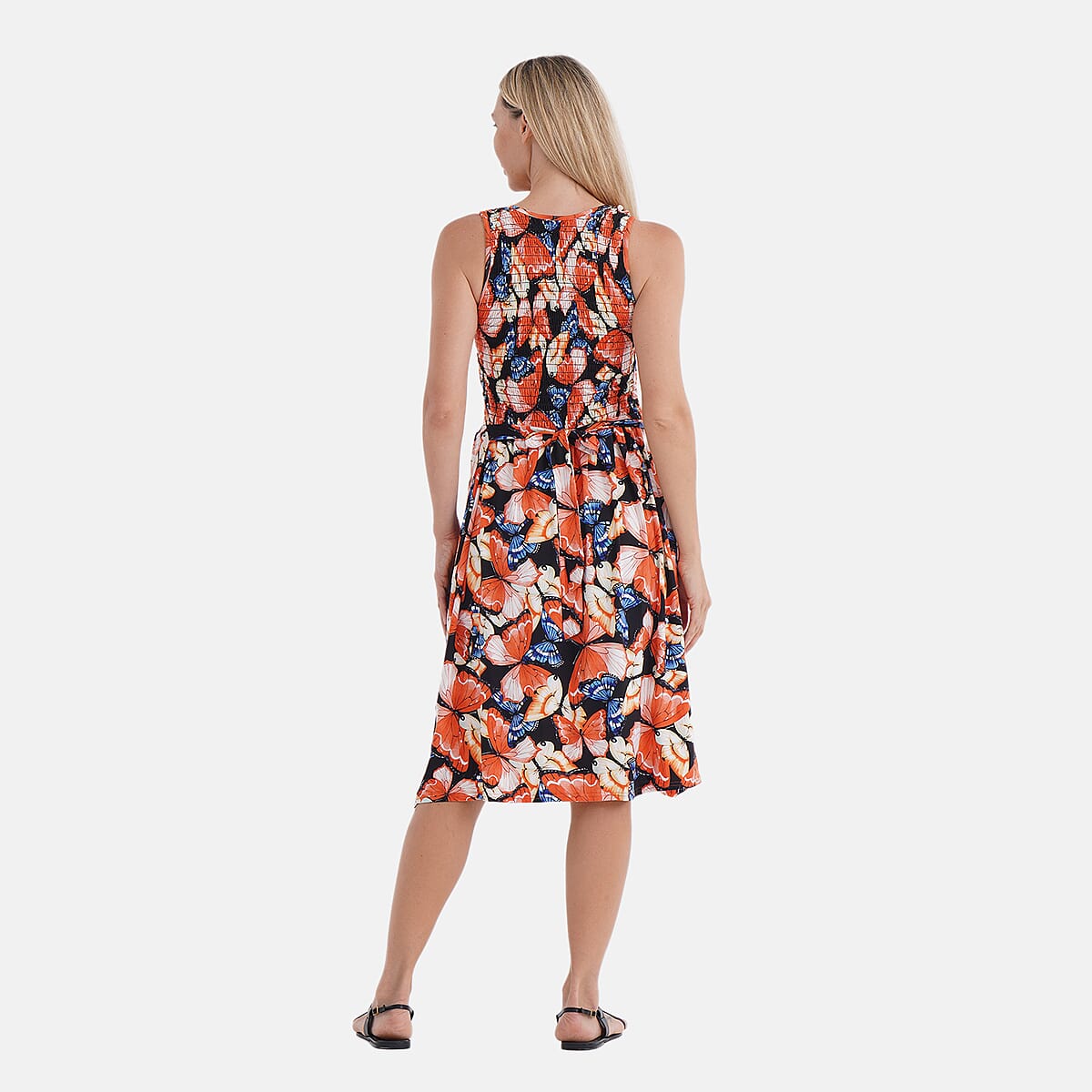 Tamsy Butterfly Smocked Sleeveless Double Knit Dress with Waist Tie - One Size Fits Most image number 3
