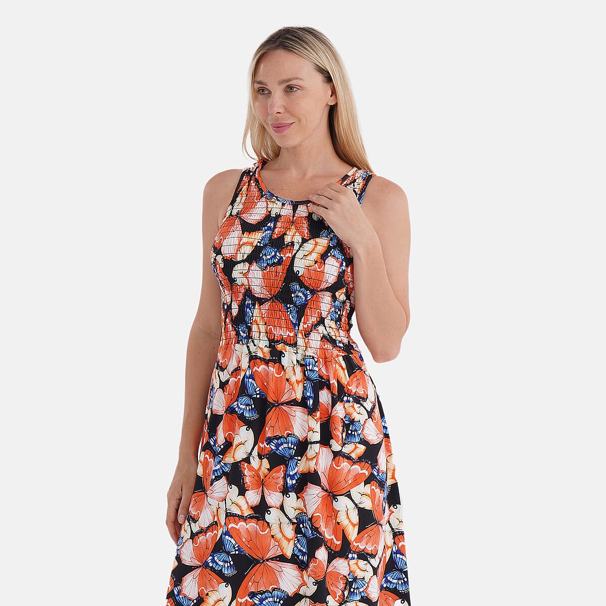 Tamsy Butterfly Smocked Sleeveless Double Knit Dress with Waist Tie - One Size Fits Most image number 4