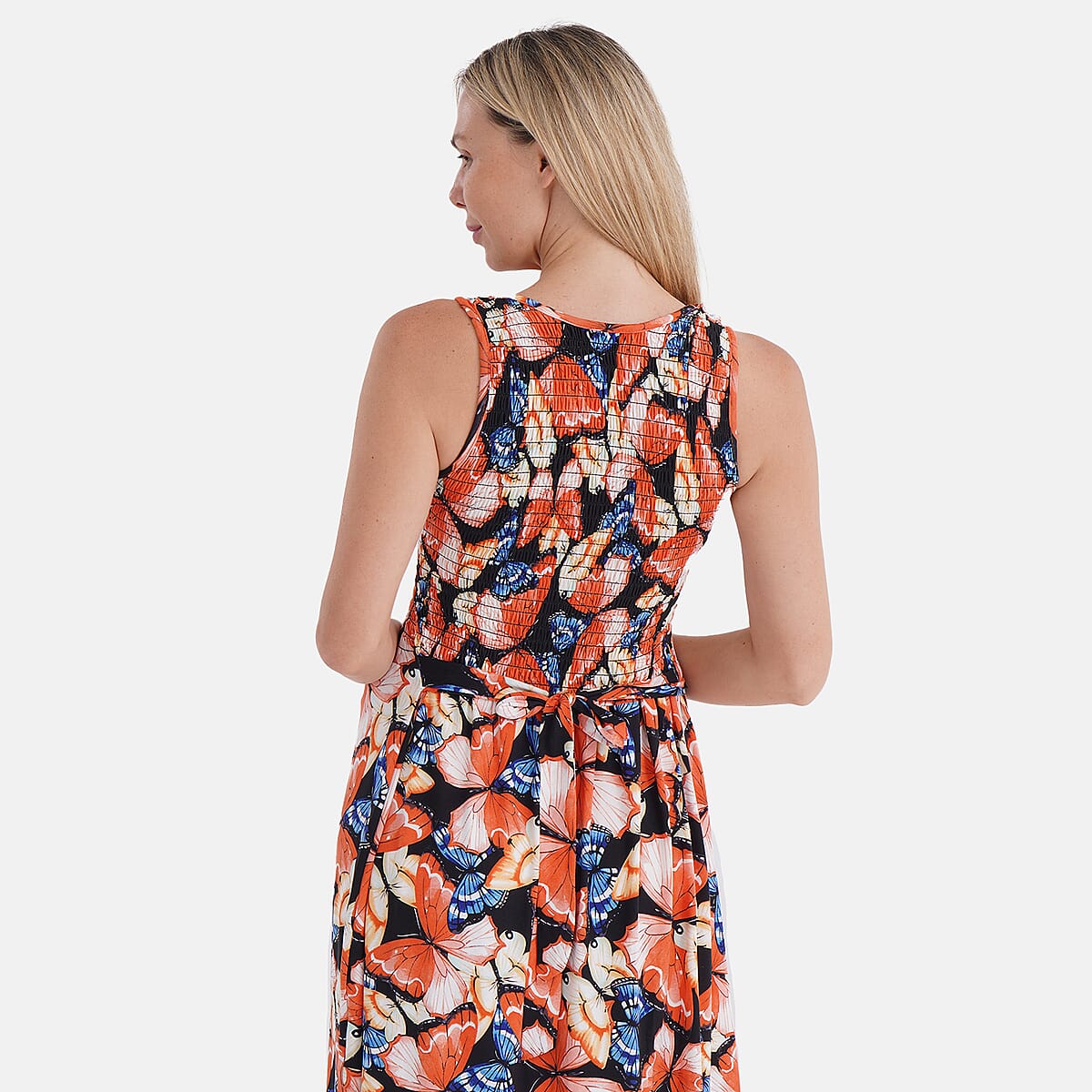 Tamsy Butterfly Smocked Sleeveless Double Knit Dress with Waist Tie - One Size Fits Most image number 5