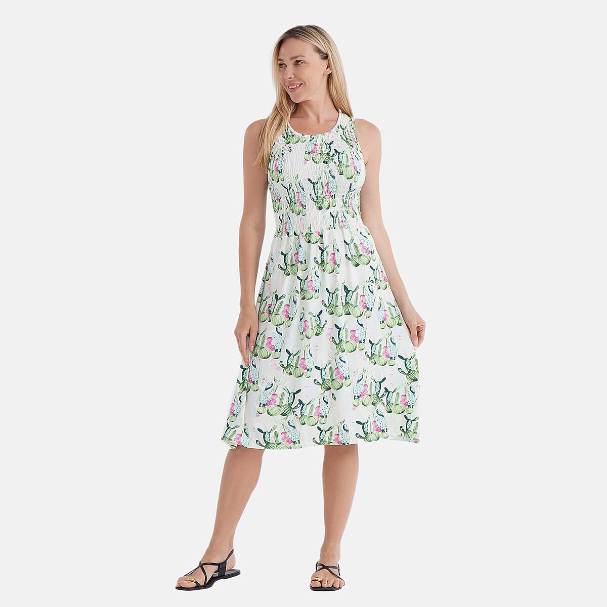 TAMSY Cactus Smocked Sleeveless Double Knit Dress with Waist Tie - One Size Fits Most image number 1