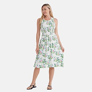 TAMSY Cactus Smocked Sleeveless Double Knit Dress with Waist Tie - One Size Fits Most