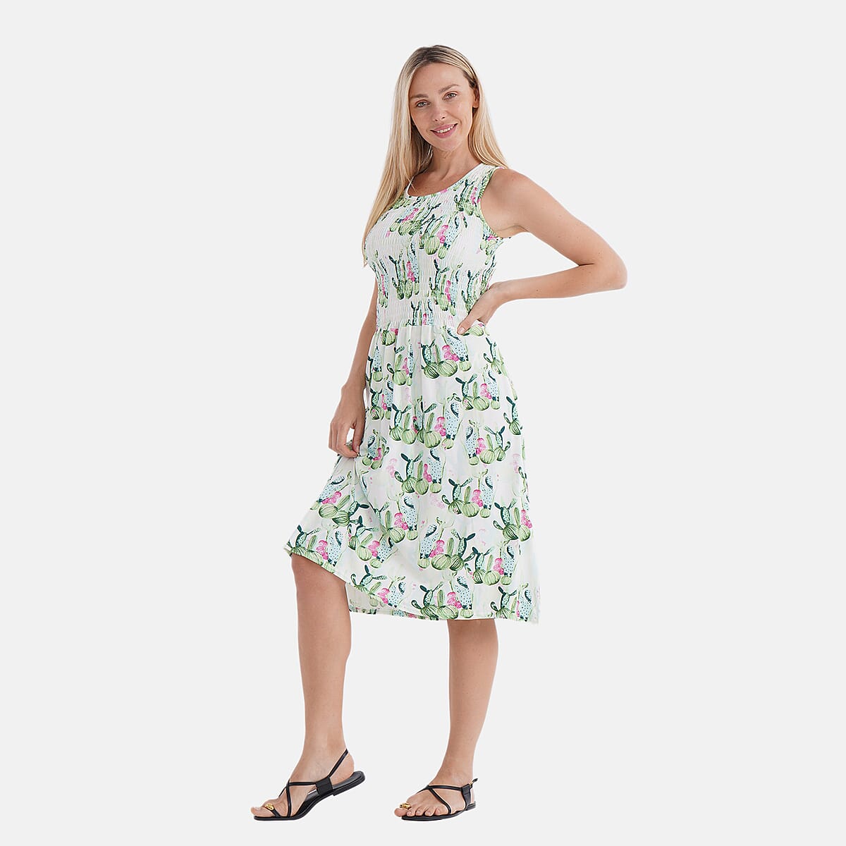TAMSY Cactus Smocked Sleeveless Double Knit Dress with Waist Tie - One Size Fits Most image number 2