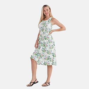 TAMSY Cactus Smocked Sleeveless Double Knit Dress with Waist Tie - One Size Fits Most