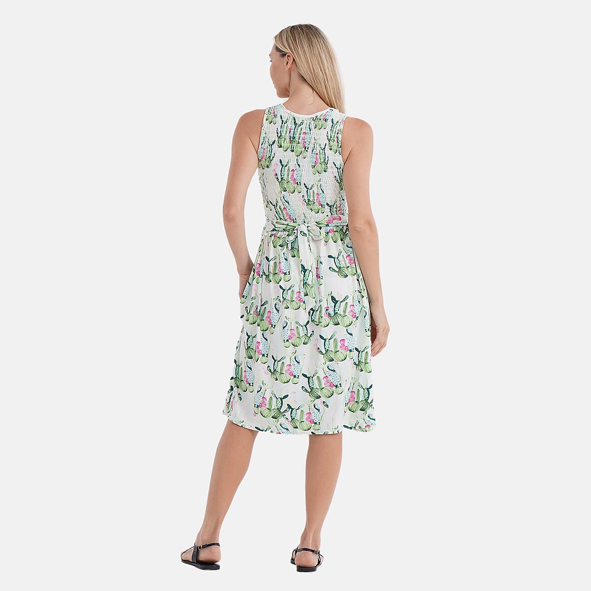 TAMSY Cactus Smocked Sleeveless Double Knit Dress with Waist Tie - One Size Fits Most image number 3