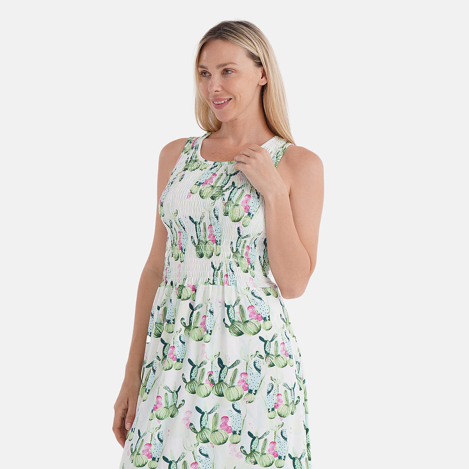 TAMSY Cactus Smocked Sleeveless Double Knit Dress with Waist Tie - One Size Fits Most