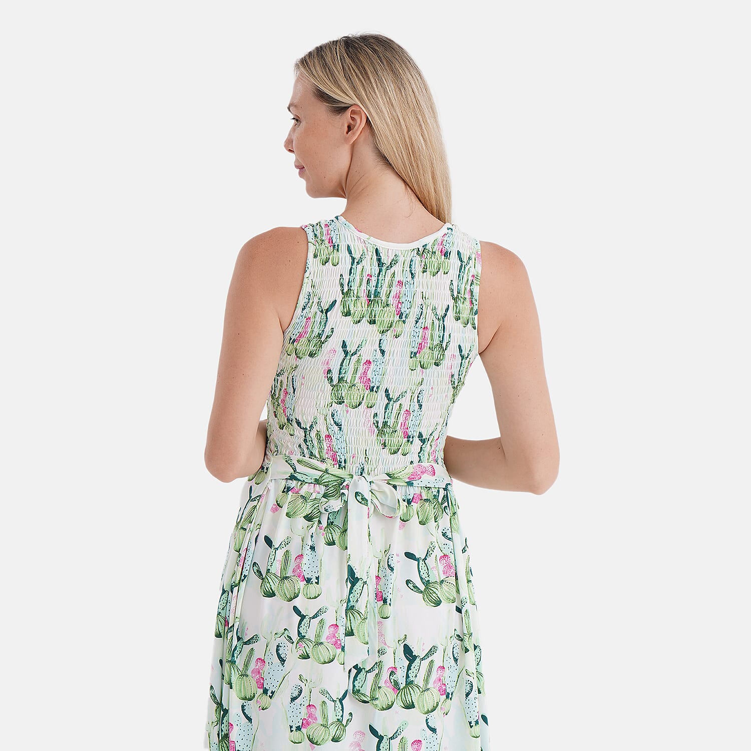 TAMSY Cactus Smocked Sleeveless Double Knit Dress with Waist Tie - One Size Fits Most