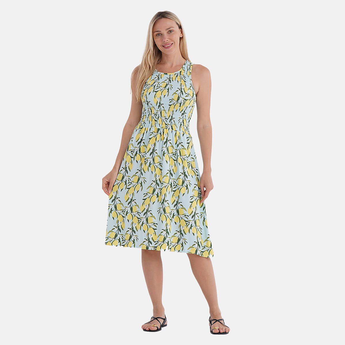 Tamsy Lemon Smocked Sleeveless Double Knit Dress with Waist Tie - One Size Fits Most image number 0