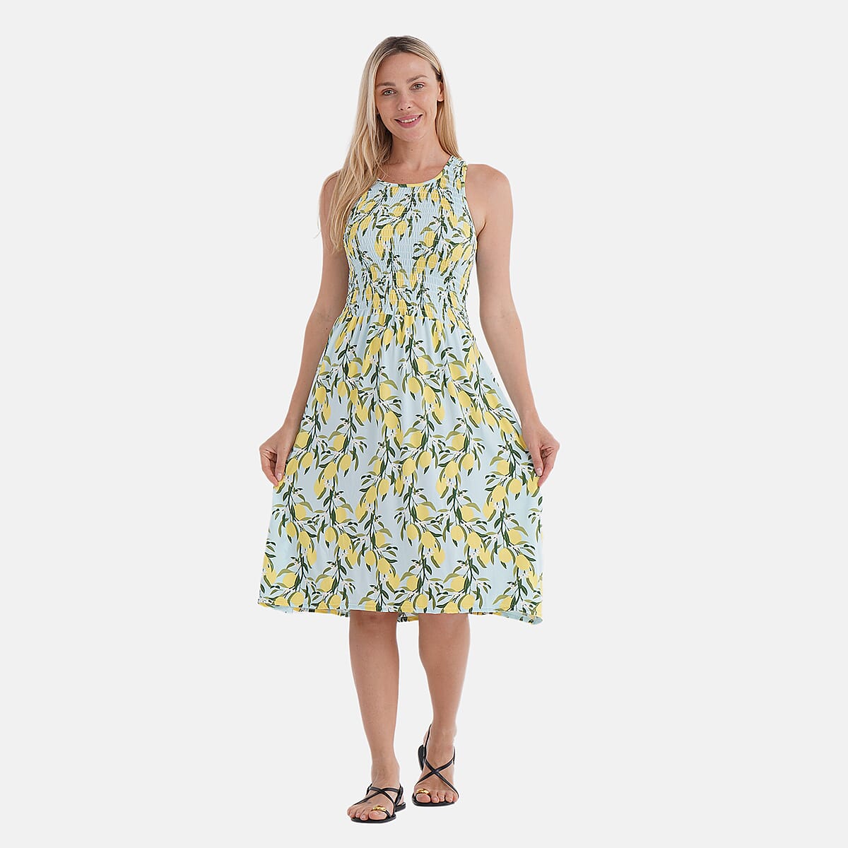 Tamsy Lemon Smocked Sleeveless Double Knit Dress with Waist Tie - One Size Fits Most image number 1