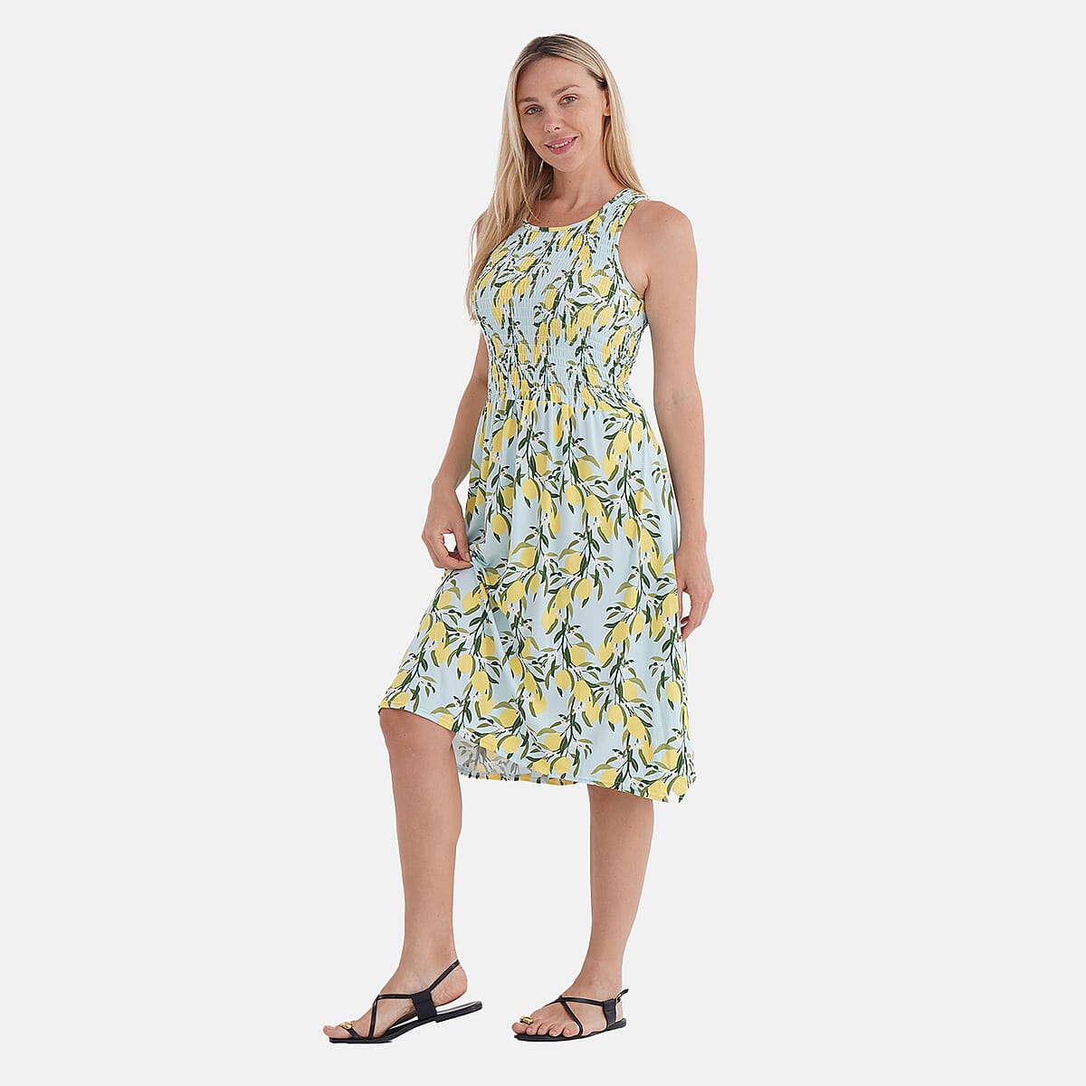 Tamsy Lemon Smocked Sleeveless Double Knit Dress with Waist Tie - One Size Fits Most image number 2