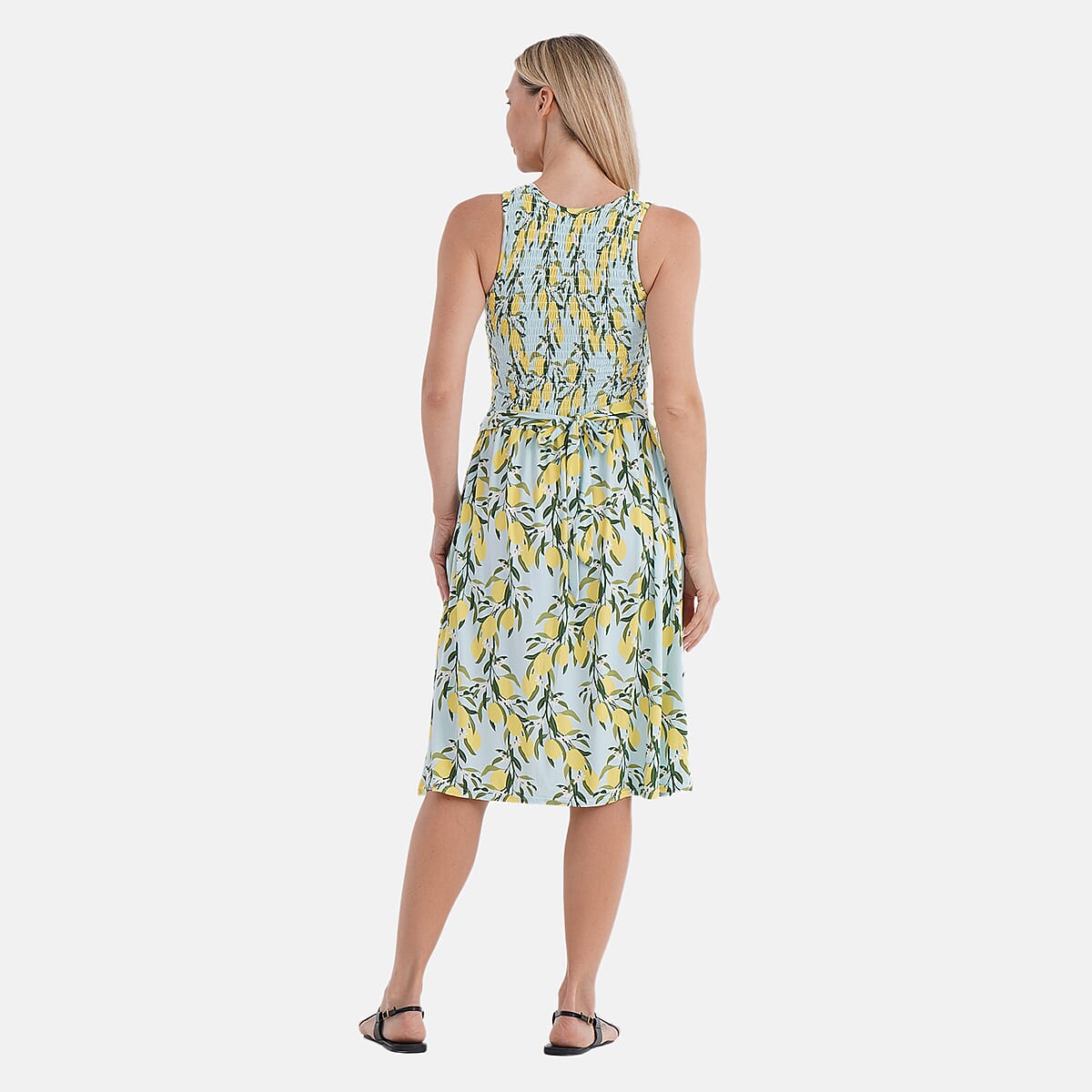 Tamsy Lemon Smocked Sleeveless Double Knit Dress with Waist Tie - One Size Fits Most image number 3