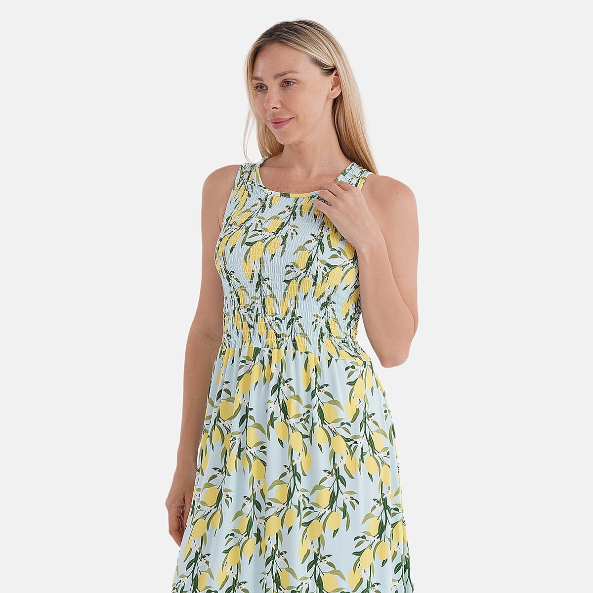 Tamsy Lemon Smocked Sleeveless Double Knit Dress with Waist Tie - One Size Fits Most image number 4