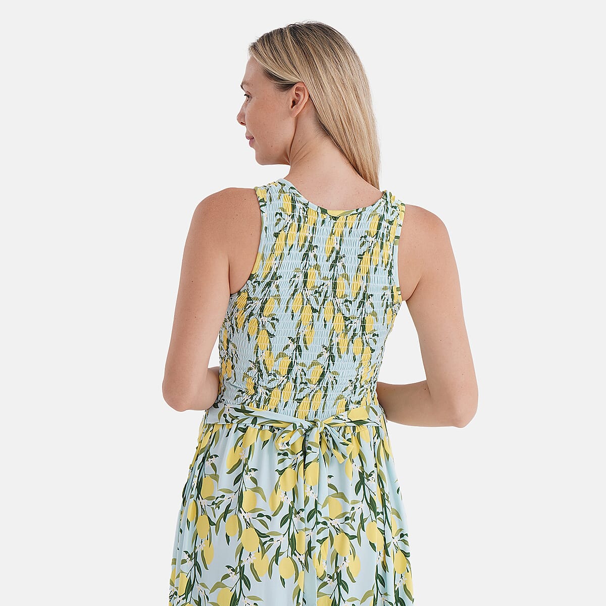 Tamsy Lemon Smocked Sleeveless Double Knit Dress with Waist Tie - One Size Fits Most image number 5