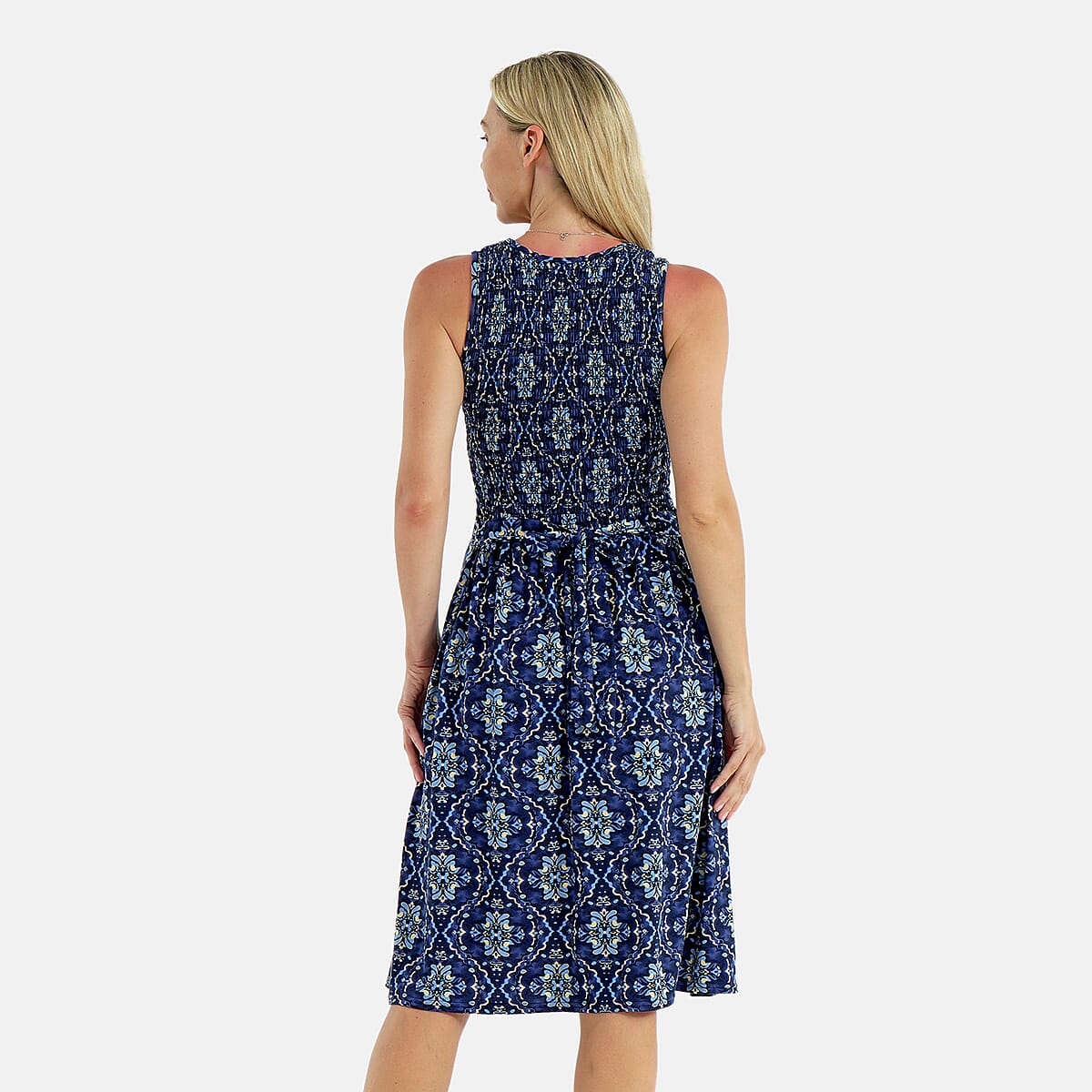 Tamsy Kaleidoscope Smocked Sleeveless Double Knit Dress with Waist Tie - One Size Fits Most image number 1