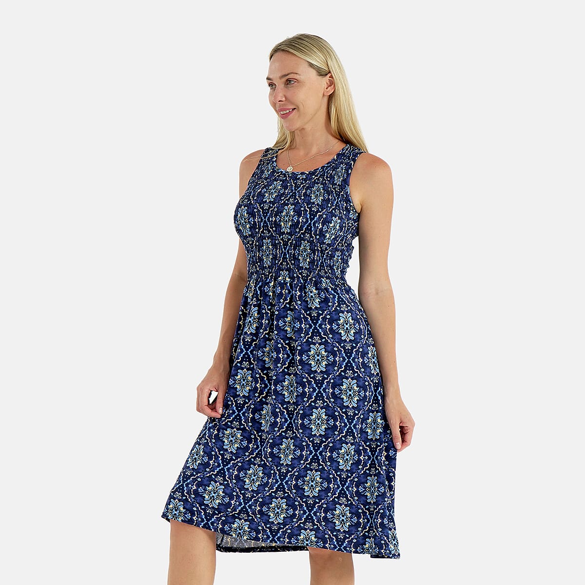 Tamsy Kaleidoscope Smocked Sleeveless Double Knit Dress with Waist Tie - One Size Fits Most image number 2