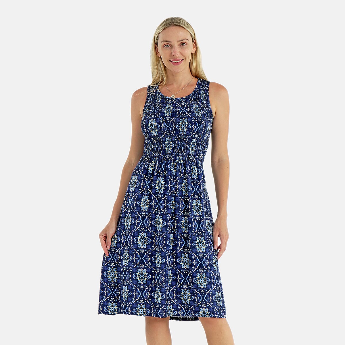 Tamsy Kaleidoscope Smocked Sleeveless Double Knit Dress with Waist Tie - One Size Fits Most image number 3