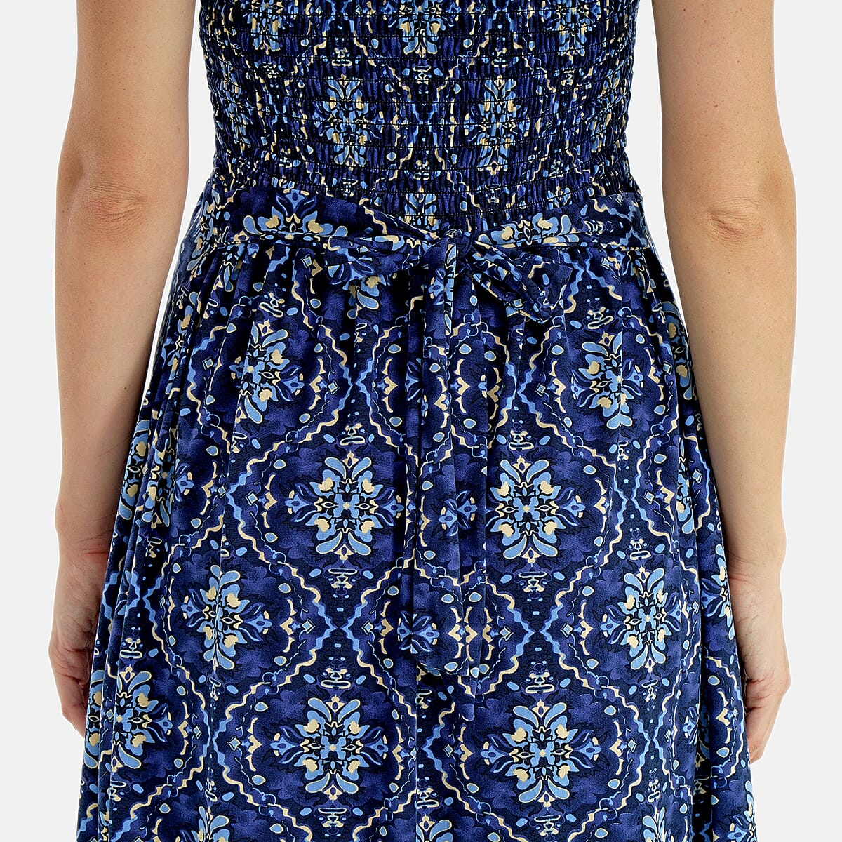 Tamsy Kaleidoscope Smocked Sleeveless Double Knit Dress with Waist Tie - One Size Fits Most image number 5