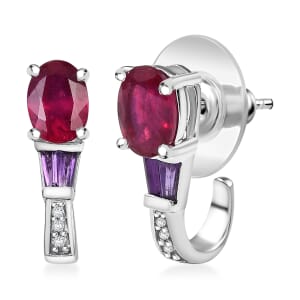D'Joy Niassa Ruby (FF) and Multi Gemstone 2.60 ctw J Hoop Earrings in Rhodium Over Sterling Silver